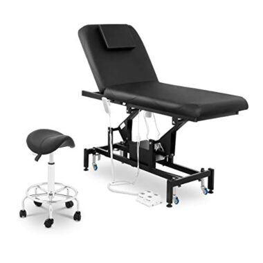 Physa Table De Massage Électrique Professionnelle Et Siège Selle De Cheval Ergonomique PHYSA LYON BLACK SET-1 (Table 200 kg Max, Tabouret 150 kg Max, 2 Moteurs, Télécommande, Pédale, Couleur Noire)