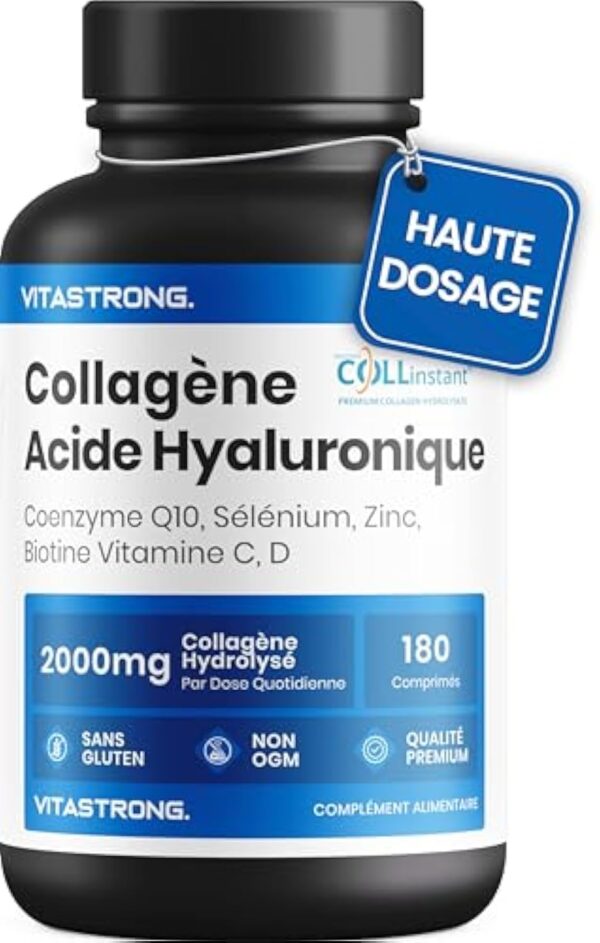 COLLAGENE et ACIDE HYALURONIQUE Vitastrong - 2000mg Collagène COLLinstant® avec Biotine, Coenzyme Q10, Zinc, Sélénium, Vitamine C, Vitamine D - Formule Efficace - Qualité Premium – Image 2