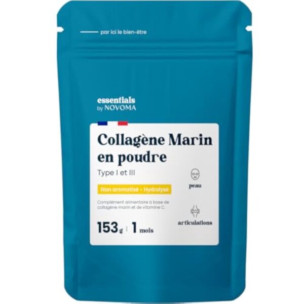 Collagène Marin Poudre Type 1 et 3, Non Aromatisé, 5g par jour, Cure de 30 jours, Peptides Hydrolysés 2000 DA, Peau Hydratée & Articulations Souples, Sachet 153g, Essentials by Novoma – Image 2