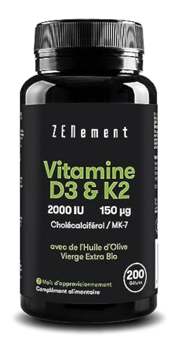 Vitamine D3 K2 avec de l'Huile d’Olive Vierge Extra Biologique - Vitamine D3 2000 UI et Vitamine K2 MK7 (Ménaquinone) 150 μg - Dosage Élevé Pour les Os, les Muscles & le Système Immunitaire