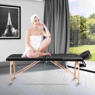 Higliocas Table de massage pliable cosmétique : 2 zones en bois Table de massage mobile Lit de massage pour physiothérapie et tatouage – Image 7