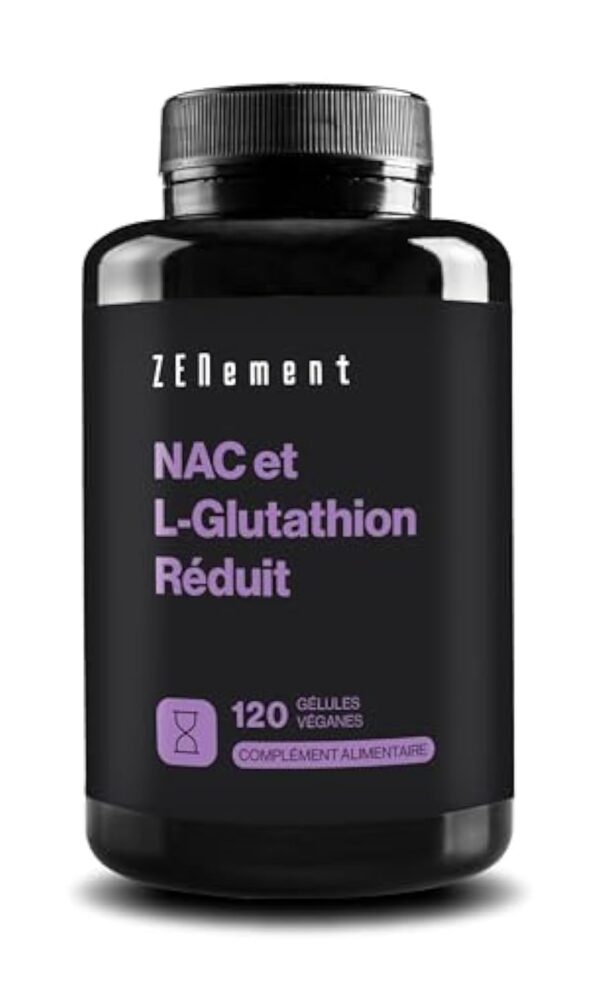 NAC avec L-Glutathion - Formule Premium : Glutathion réduit avec un précurseur N-Acétyl-Cystéine - Fortement Dosé, Haute Biodisponibilité - 120 gélules véganes - Zenement