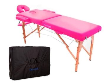 QUIRUMED Table de Massage Pliable en Bois Easy, Couleur Rose, 194 x 70 cm, Table de Massage, Massage physiothérapie, Similicuir tête articulée, Hauteur réglable, 2 Corps jusqu'à 150 kg