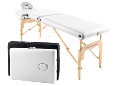 QUIRUMED Table de Massage Pliante en Bois Easy, Couleur Blanche, 182 x 60 cm, Similicuir, Portable, Tête Amovible Légère, Trou pour Le Visage, Hauteur Réglable, Jusqu'à 120 kg
