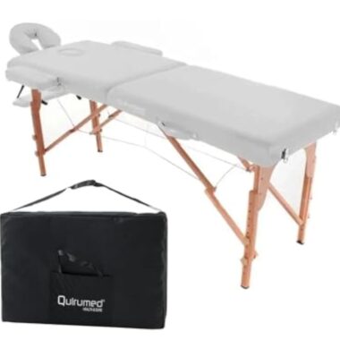 QUIRUMED Table de Massage Pliante en Bois Easy, Couleur Blanc, 194 x 70 cm, Table de Massage, Massage Physiothérapie, Similicuir, Tête Articulée, Hauteur Réglable, 2 Corps, Jusqu'à 150 kg