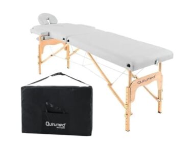 QUIRUMED Table de Massage Pliable en Bois Easy, Couleur Blanche, 186 x 66 cm, Table de Massage, Massage physiothérapie, Similicuir tête articulée, Hauteur réglable, 2 Corps