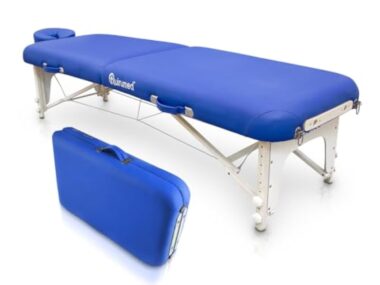 QUIRUMED Table Pliante de shiatsu en Bois, 211 x 60 cm, Couleur Bleu, Simili Cuir, réglable en Hauteur, Appui-tête Amovible, Structure renforcée, jusqu'à 185 kg
