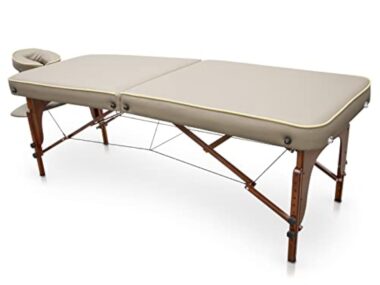 QUIRUMED Table de Massage pour Spa, Portable en Bois, Beige, Bois Verni, Similicuir, Rembourrage Haute densité, Hauteur réglable, Pliable, tête Amovible, jusqu'à 210 kg