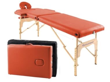 QUIRUMED Table de Massage Pliante en Bois Easy, Couleur Orange, 182 x 60 cm, Similicuir, Portable, Tête Amovible Légère, Trou pour Le Visage, Hauteur Réglable, Jusqu'à 120 kg