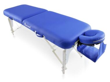 QUIRUMED Table Pliante de shiatsu en Bois, 211 x 60 cm, Couleur Bleu, Simili Cuir, réglable en Hauteur, Appui-tête Amovible, Structure renforcée, jusqu'à 185 kg – Image 3