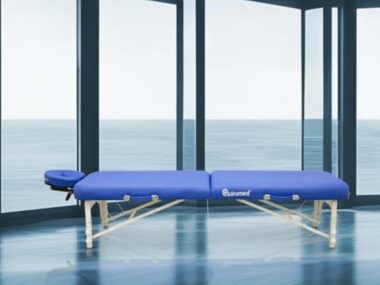 QUIRUMED Table Pliante de shiatsu en Bois, 211 x 60 cm, Couleur Bleu, Simili Cuir, réglable en Hauteur, Appui-tête Amovible, Structure renforcée, jusqu'à 185 kg – Image 6