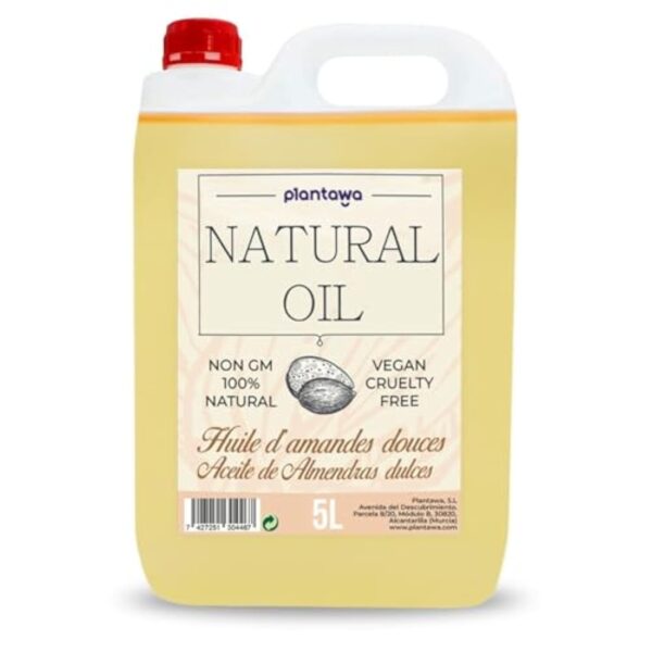 PLANTAWA Huile d'amande douce, Pack économique, kit professionnel, massage, 5L, hydrate, peau, oreille, cheveux, grossesse, pour visage, apporte de la vitamine E, durable, 5000 ml
