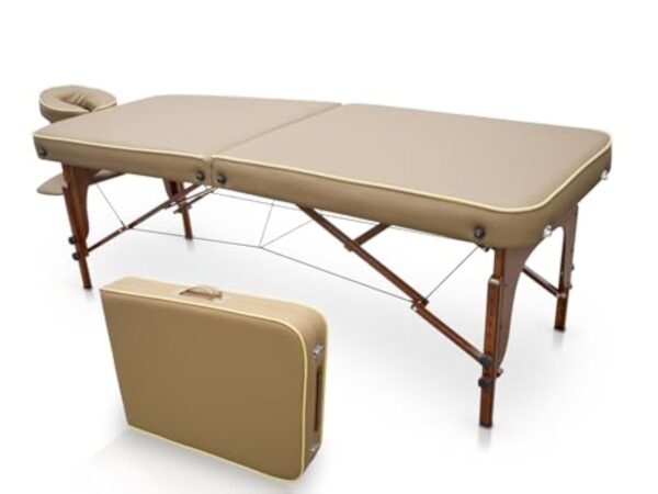 QUIRUMED Table de massage pour SPA, portable en bois, couleur sable, bois verni, simili cuir, rembourrage haute densité, hauteur réglable, pliable, tête amovible, jusqu'à 210 kg